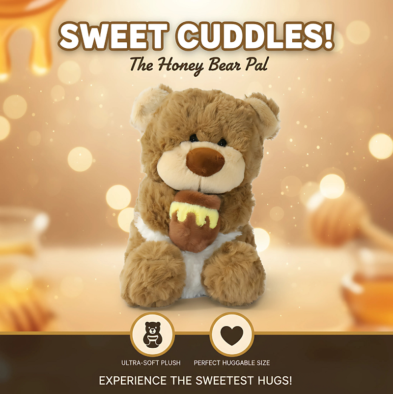 Plush teddy bear with honeycomb, surrounded by honey jars on a warm background with 'Sweet Cuddles!' text.