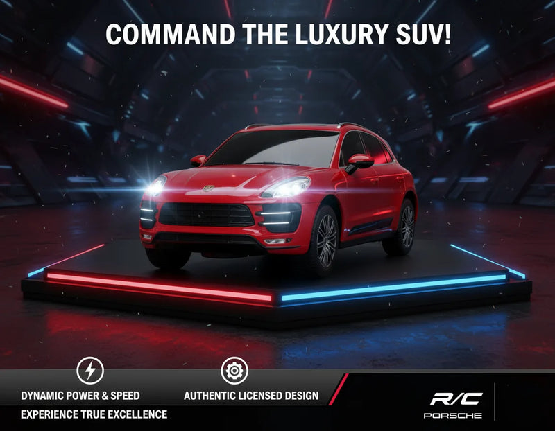 Red SUV on a platform with dynamic lighting effects and Porsche branding.