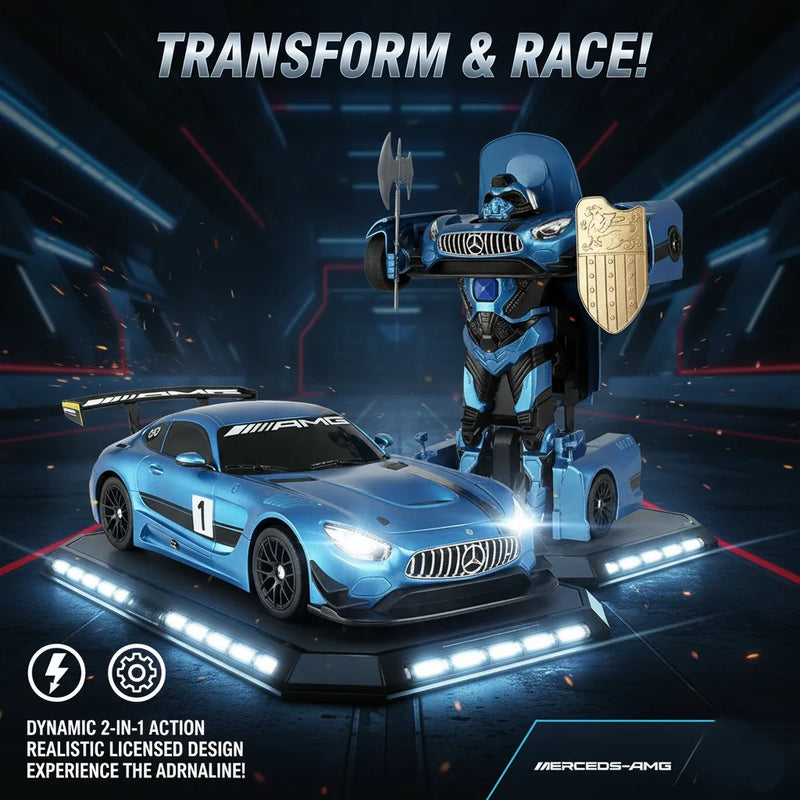 Toy robot transforming into a car with 'Transform & Race!' text on a dark background.