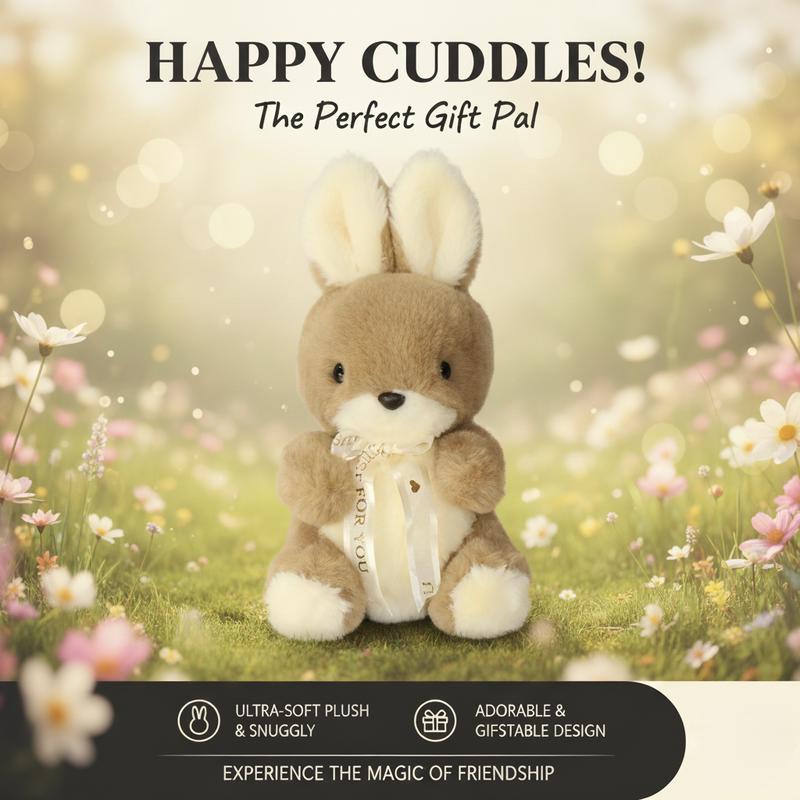 Plush toy with bunny ears in a field of flowers with text 'Happy Cuddles! The Perfect Gift Pal'.