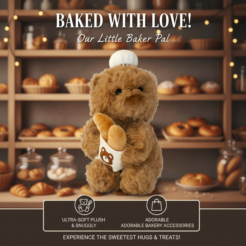 Plush bear with a bakery-themed design in front of a bakery setting