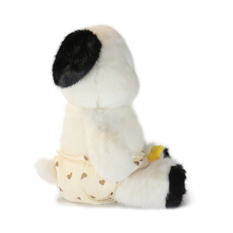 Plush toy resembling a dog with a black nose and white body on a white background