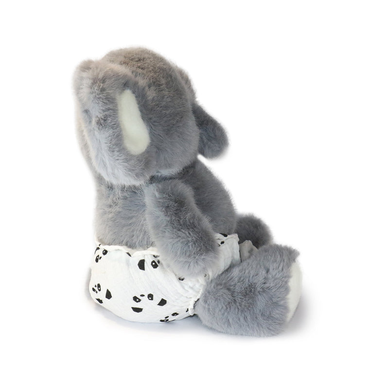 Gray plush toy with a white paw print bag on a white background