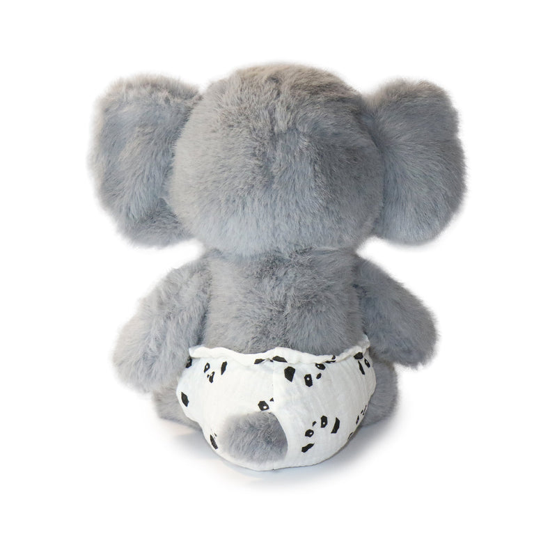 Gray plush elephant toy with a white diaper on a white background