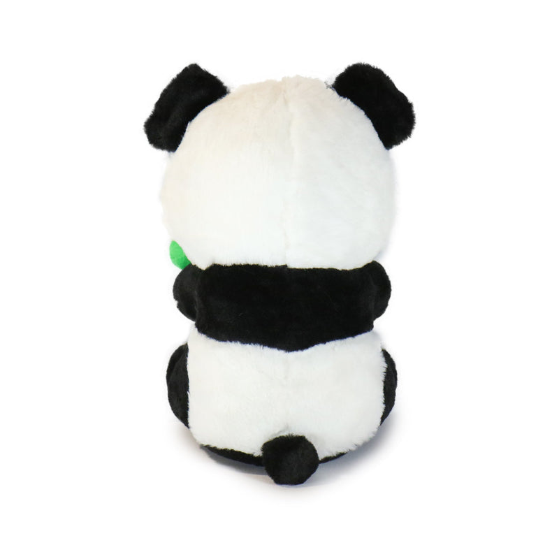 Plush panda toy with a green heart on a white background