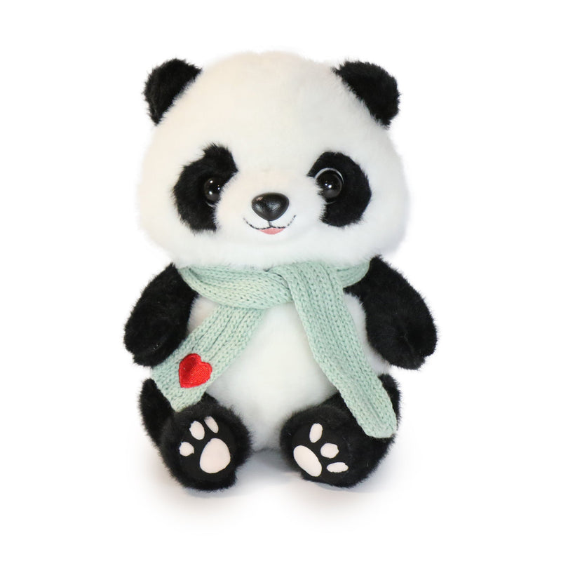 Plush panda toy with a green scarf and red heart on a white background