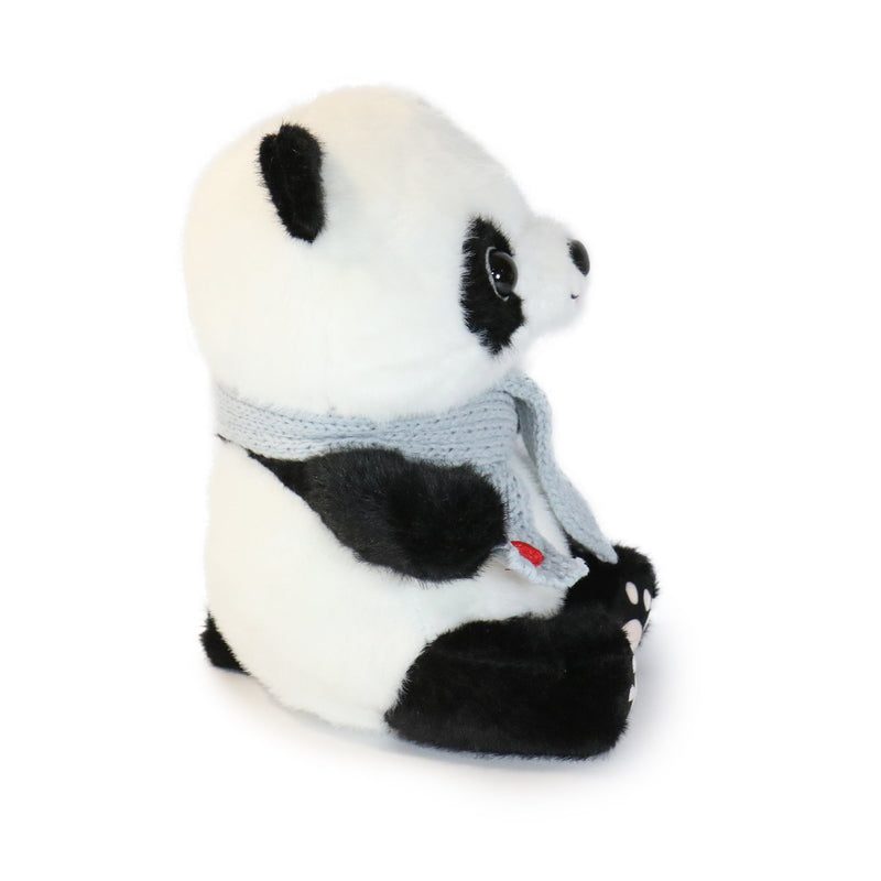 Plush panda toy wearing a light blue sweater on a white background
