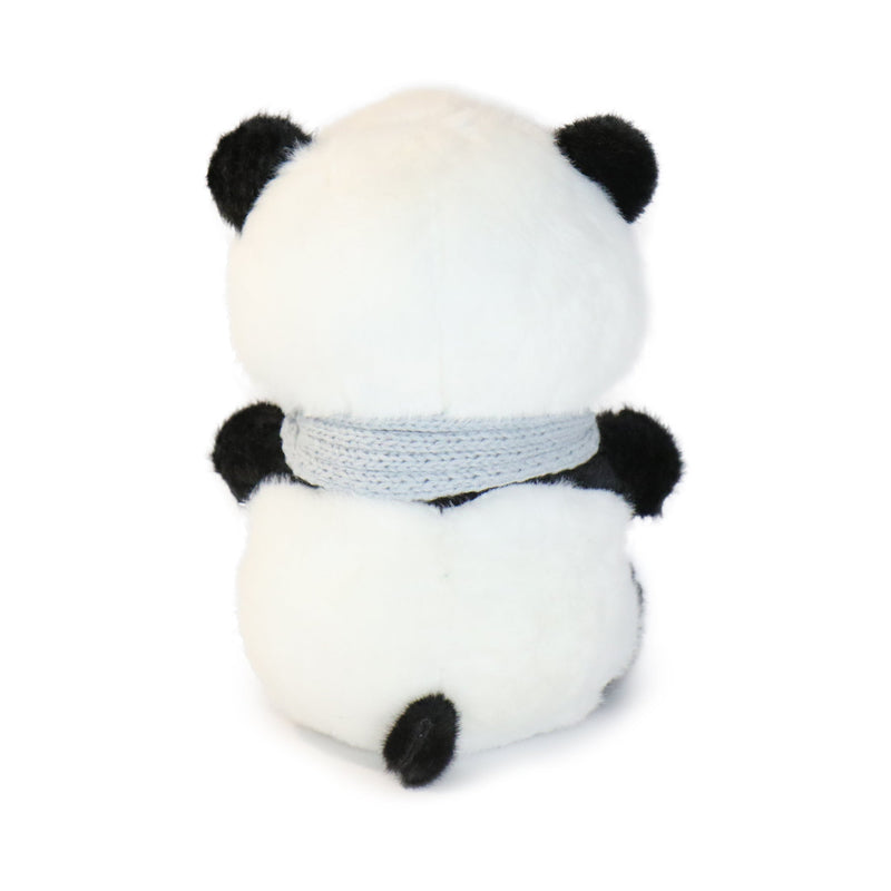 Plush panda toy with a light blue scarf on a white background