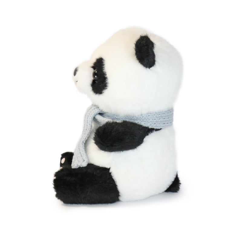 Plush panda bear toy wearing a gray scarf on a white background