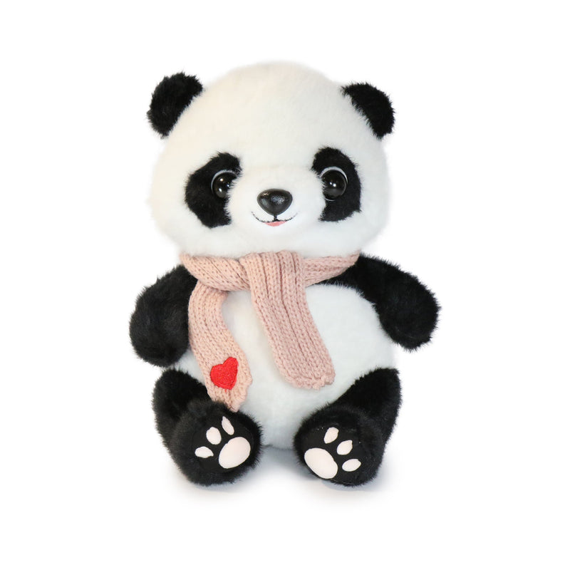 Plush panda toy with a pink scarf and red heart on a white background