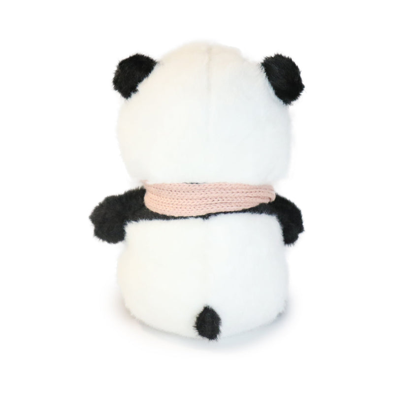 Plush panda toy with a pink scarf on a white background