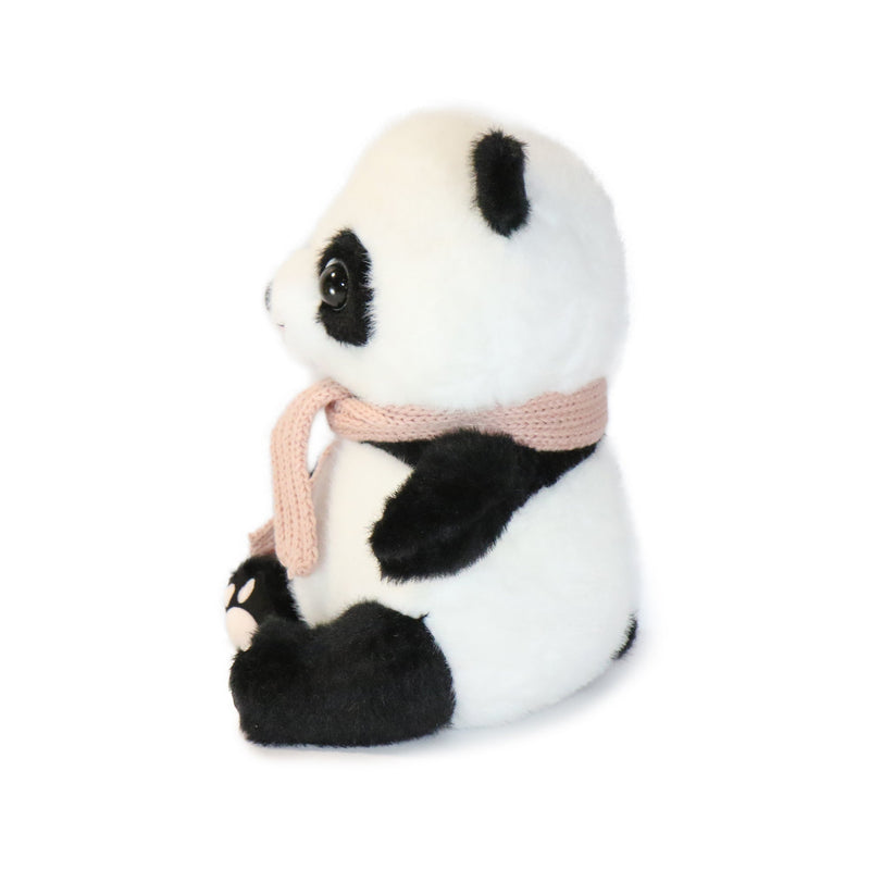 Plush panda toy with a pink scarf on a white background