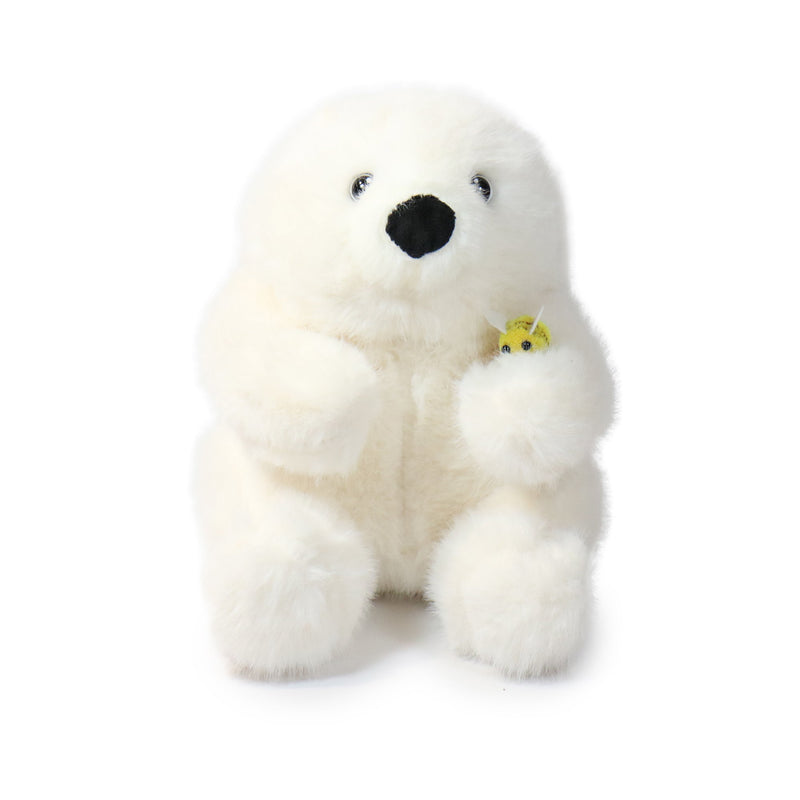 White plush toy bear with a small yellow creature on a white background