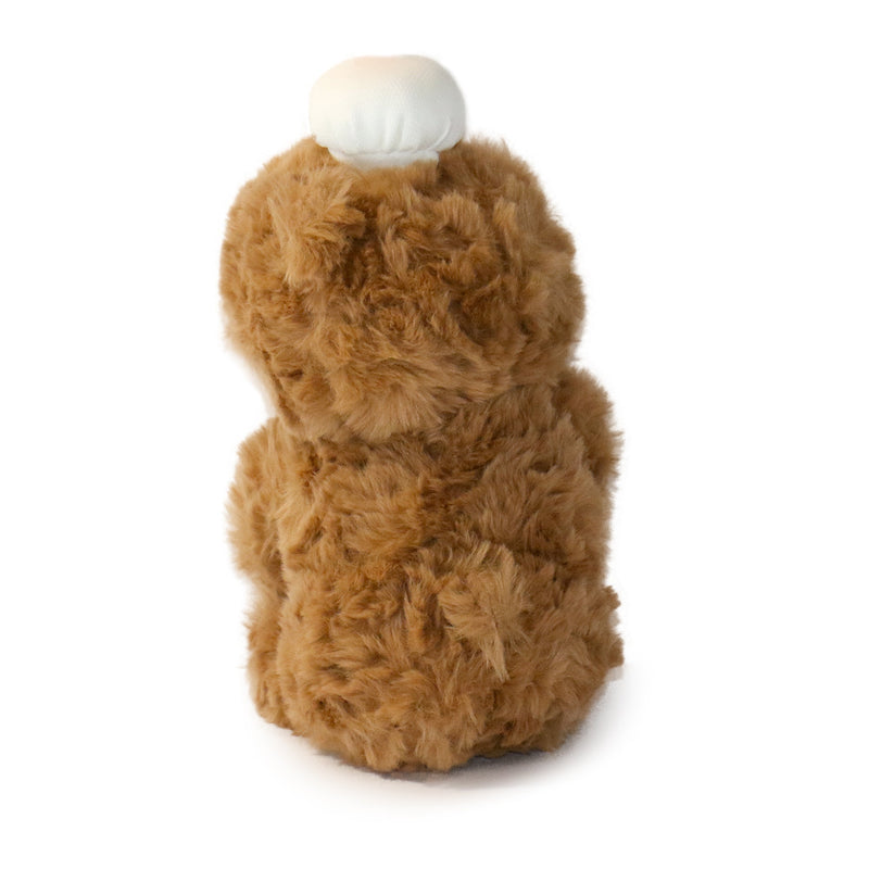 Brown plush toy resembling a dog with a white ball on a white background