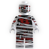 LEGO minifigure with a mummy costume on a white background