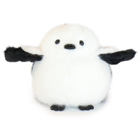 Plush toy resembling a white creature with black paws on a white background