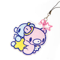 Cartoon character phone charm with a pink and blue design on a white background