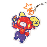 Colorful cartoon character keychain with star-shaped holder on a white background