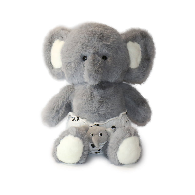 Gray plush elephant toy with a smaller elephant inside on a white background
