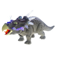 LED Triceratops dinosaur toy with realistic sound effects, glowing horns, and lifelike features for kids' playtime fun.