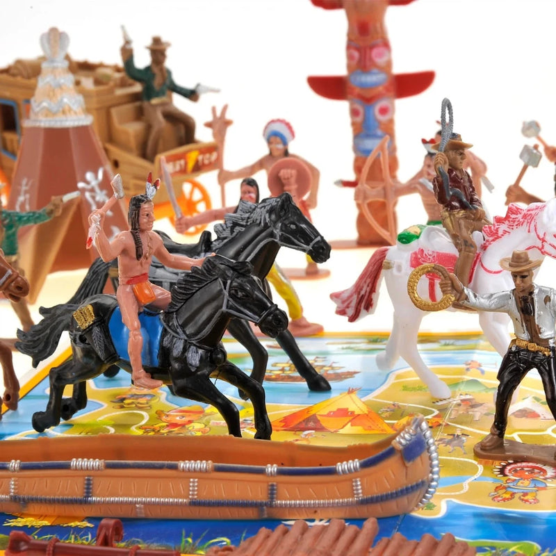 Close-up of Wild West playset with Indian figures, horses, and canoe