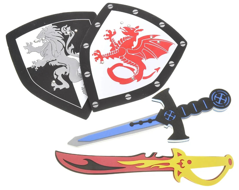 Set of foam knight swords and shields with dragon and lion symbols, a safe toy for pretend battles.