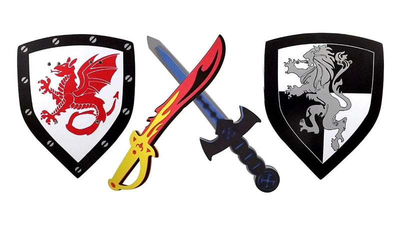 Knight-themed foam sword and shield set with dragon and lion designs, perfect for role-playing and costume accessories