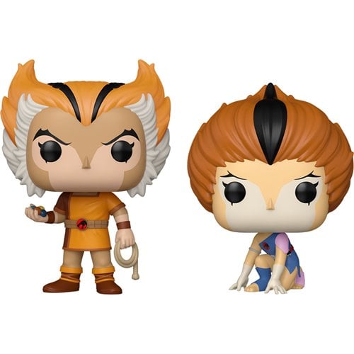 Two Funko Pop! figures, one standing and one kneeling, on a white background