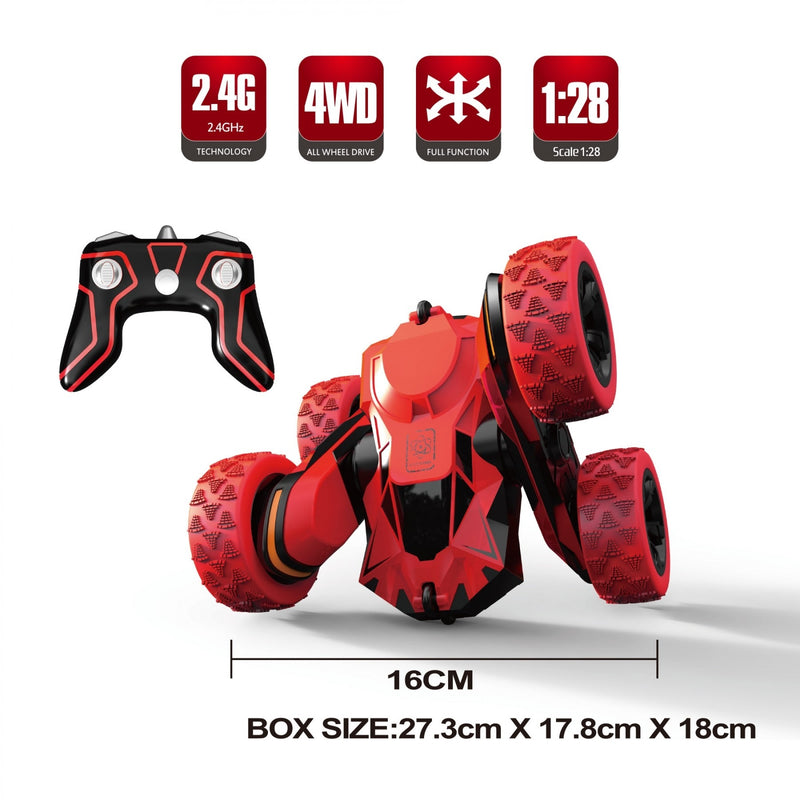 Red toy vehicle with remote control, features displayed above, on a white background