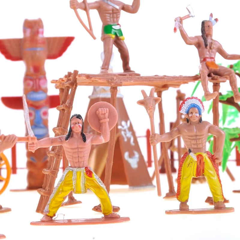 Indian tribe toy figures in the Wild West playset with teepee and totem pole.