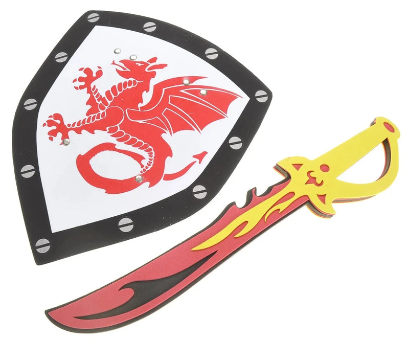 Children's foam swords and shields playset featuring vibrant dragon and lion designs, great for indoor and outdoor play.