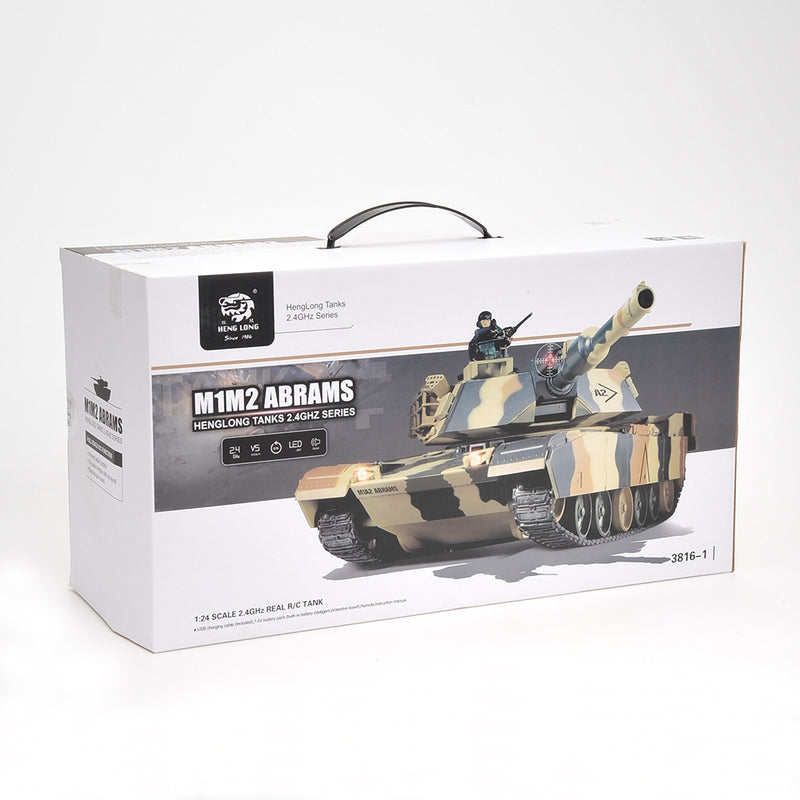 Boxed model of an M1M2 Abrams tank with camouflage design on a white background