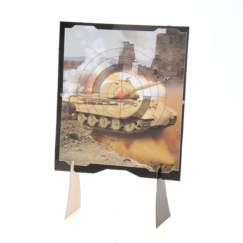 Target practice board with tank design and target layout on a white background