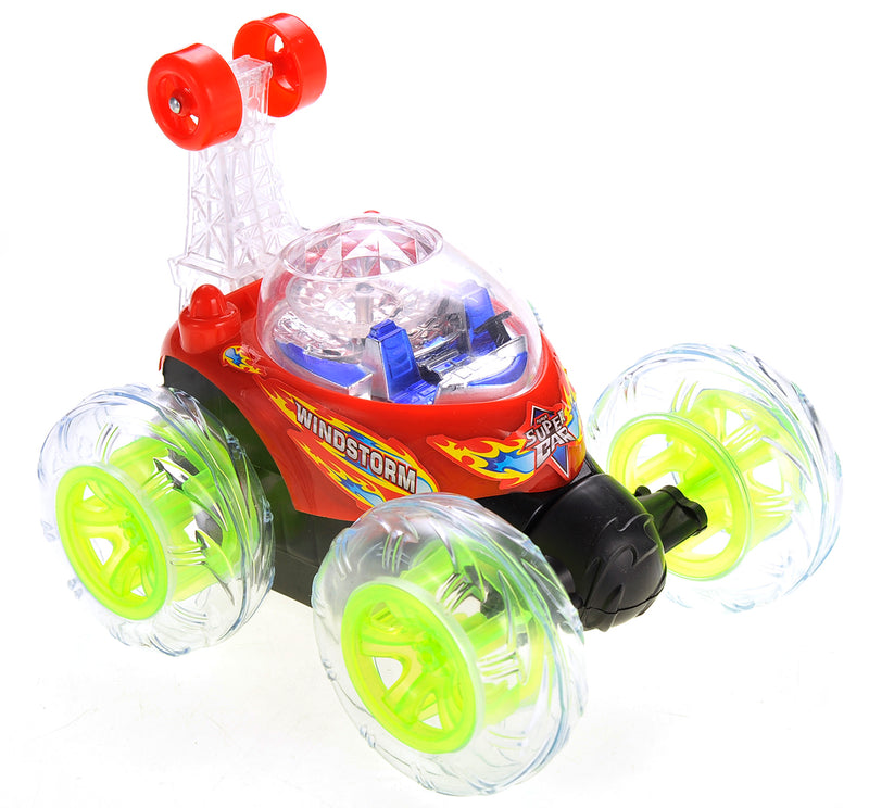 Toy vehicle with red and yellow design on a white background