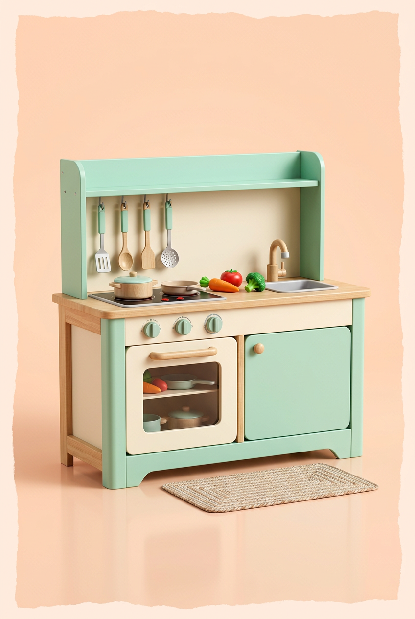 Mint, cream, and natural wood pretend-play kitchen on a pastel peach background