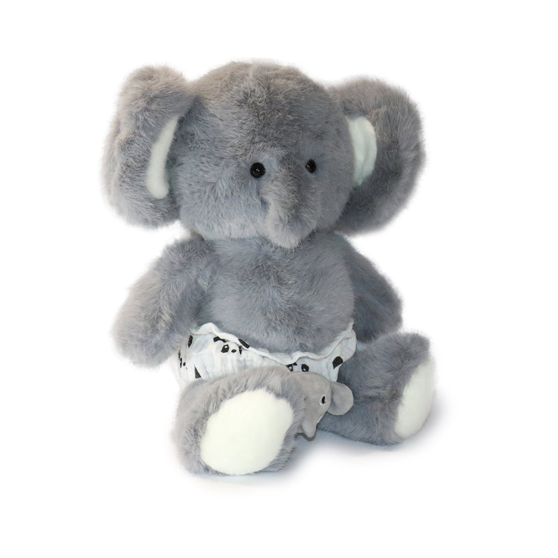 Gray plush elephant toy with a small gray elephant in its trunk on a white background