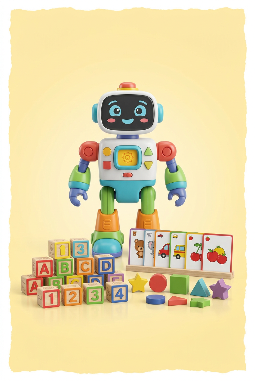 Premium educational toy collection with a learning robot, blocks, shapes, and picture cards