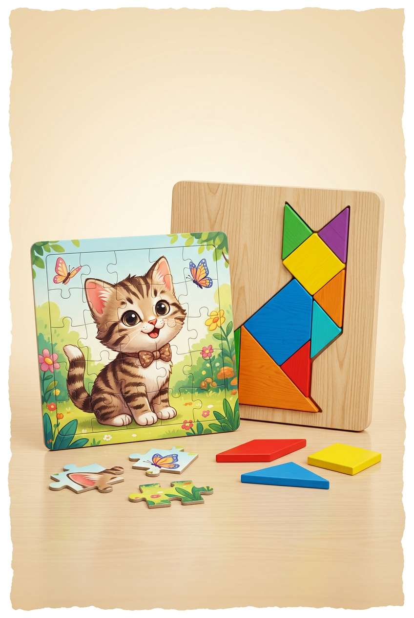 Premium kitten jigsaw and wooden tangram puzzle category artwork