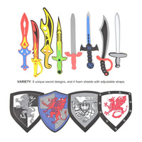 Collection of 8 unique toy swords and 4 foam shields with dragon and knight designs, perfect for kids' pretend play and dress-up