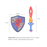 Dimension guide for toy sword and shield playset, featuring a 17-inch sword and a 12-inch shield with a dragon emblem.