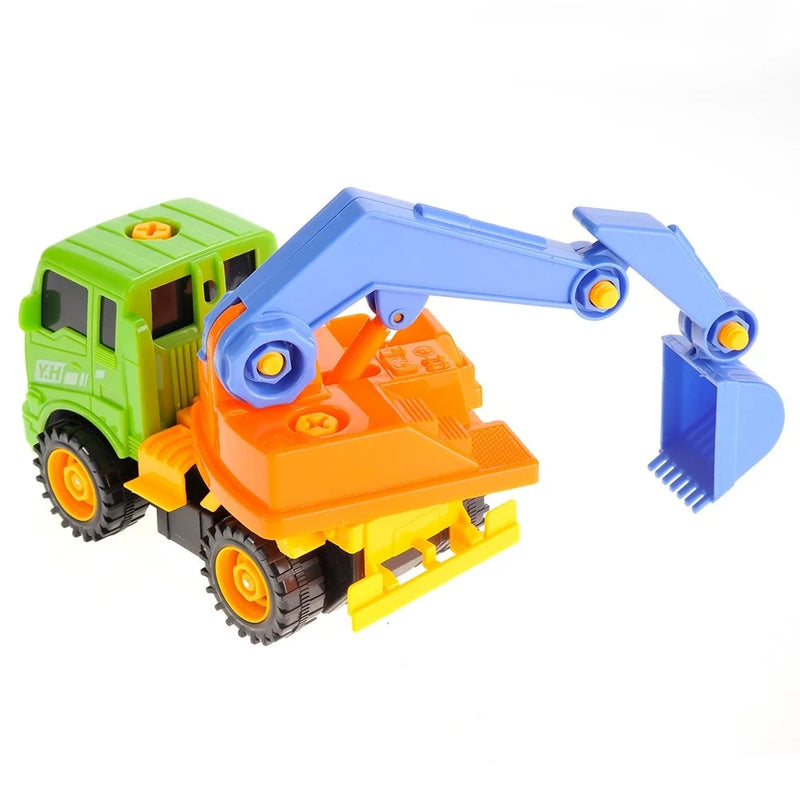 Toy excavator truck with arm lifted, allowing kids to engage in realistic construction activities