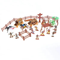 Scene display of the Wild West playset with cowboy and Indian figures, stagecoach, and fences