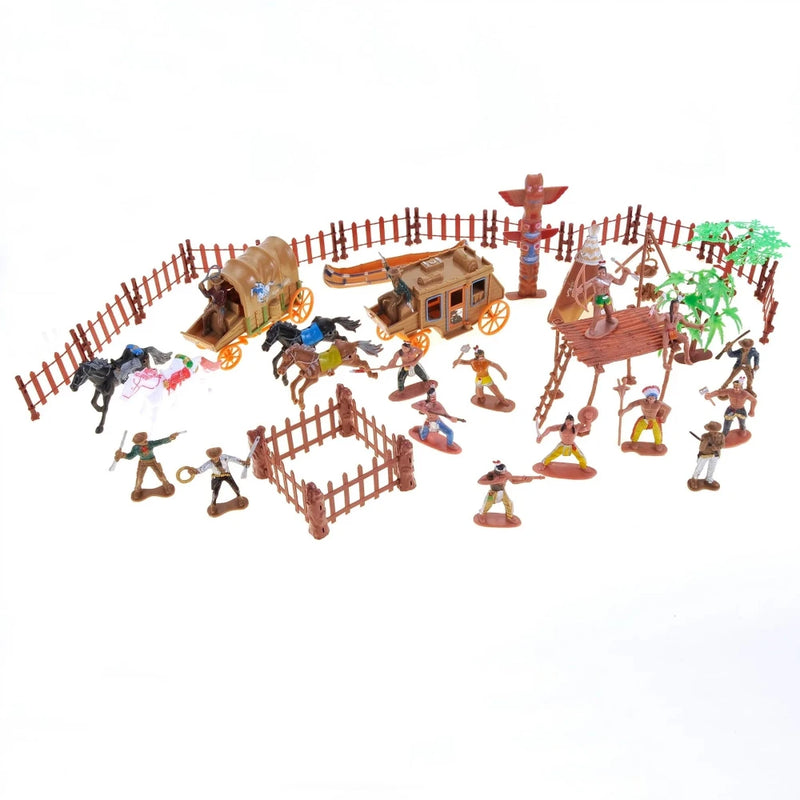Scene display of the Wild West playset with cowboy and Indian figures, stagecoach, and fences