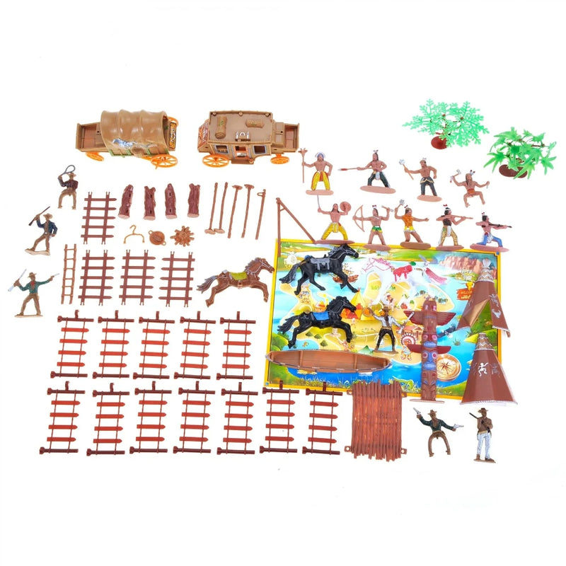 Complete setup of the Wild West playset with cowboy, Indian figures, stagecoach, fences, and accessories