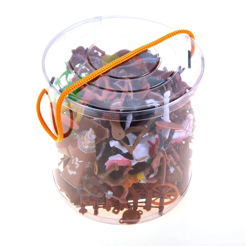Wild West playset with cowboy and Indian toy figures in a clear storage tub with carry handle