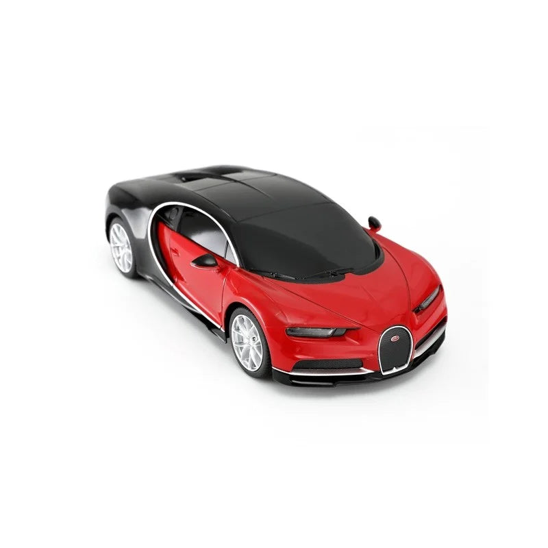 Red and black toy car on a white background