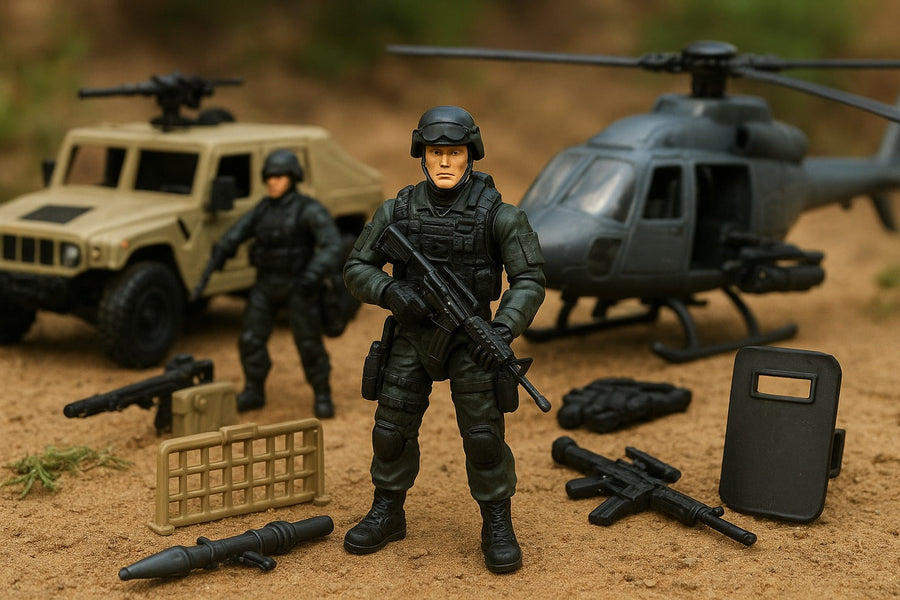  Special Force battle playset with army soldiers, military vehicles, helicopter, weapons and tactical gear displayed in a realistic battlefield setup.