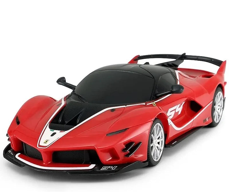Red and black toy car with '54' on a white background