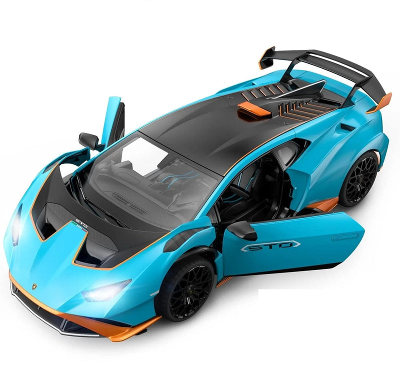 Blue sports car model with open door on a white background