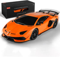 Orange Lamborghini model car with black wheels on a white background